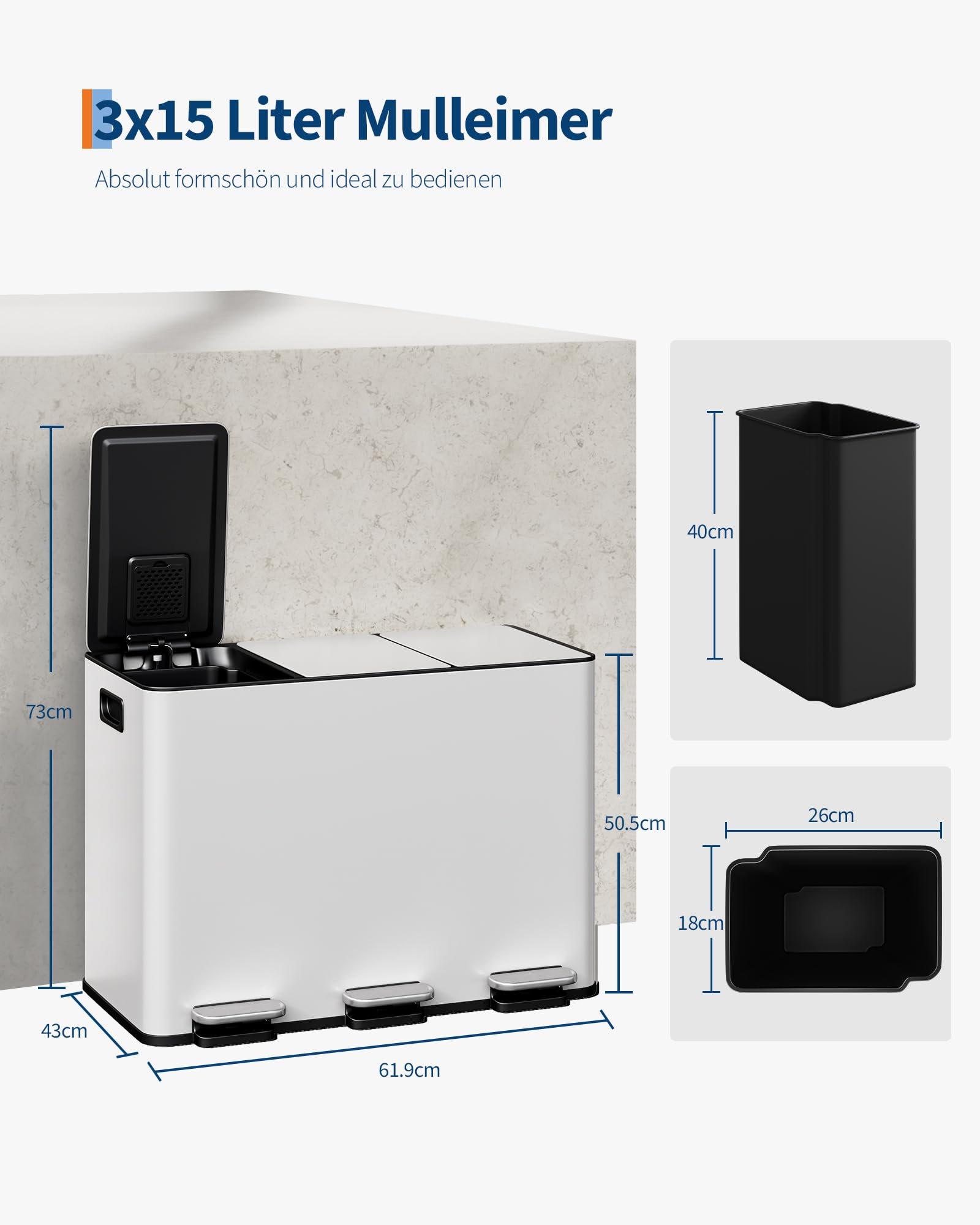 Praktisches 3-Fach Mülltrennsystem – Küchen Tretmülleimer 45L (3 x 15L) Aus Edelstahl – Soft-Close Deckel, Herausnehmbare Inneneimer, Griffe – Idealer Abfalleimer & Recyclingbehälter