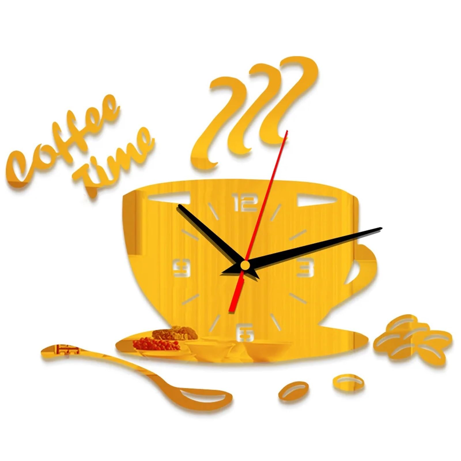 VFDVSWZSA Stylish wall clock, Creative Coffee Cup Shaped Wall Clock 3D Mirror Stickers For DIY Home Room Kitchen Decorations(Gold)