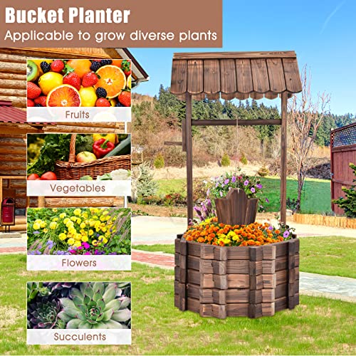 Giantex Rustic Wooden Wishing Well Planter With Hanging Bucket And Roof, Flower Plants Planter Wishing Wells For Outdoors Backyard Patio Garden Lawn Outside Decor #TOP6