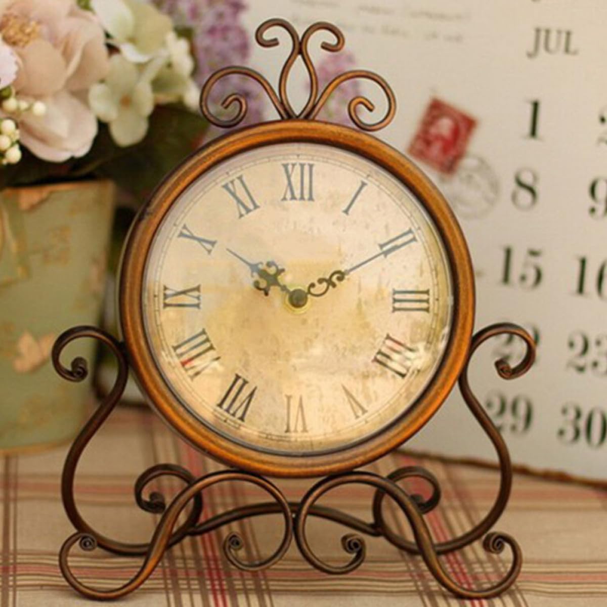 Retro Desk Clock Vintage Iron Mantel Clock Non-Ticking Brown Decorative for Living Room Bedroom Fireplace Shelf