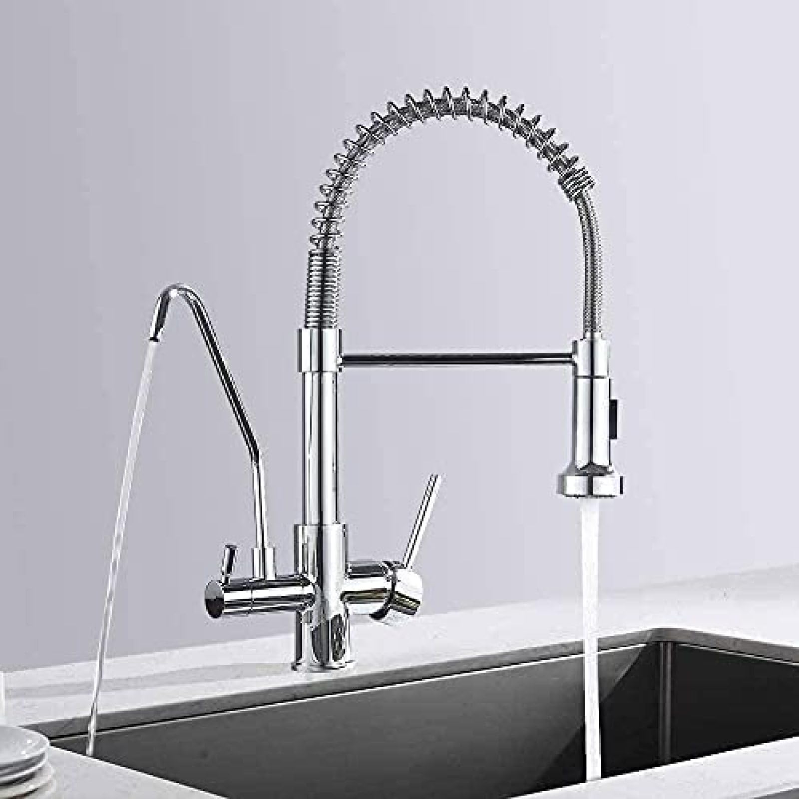 Rubinetto per filtro dell'acqua a 3 vie Miscelatore per lavello da cucina con doccia estraibile Lavello a doppia leva Bocca girevole a 360 gradi in ottone Cromo lucido-cromo