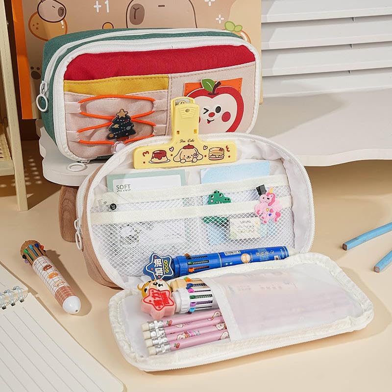 Image of Invite Large Capacity Cute Aesthetic Pencil Case with Multi Compartments, Multi-Pocket Pastel Pen Pouch Organizer with Zipper, Kawaii School Supplies Bag for Girls, Teens & Students (Red Apple M-1)