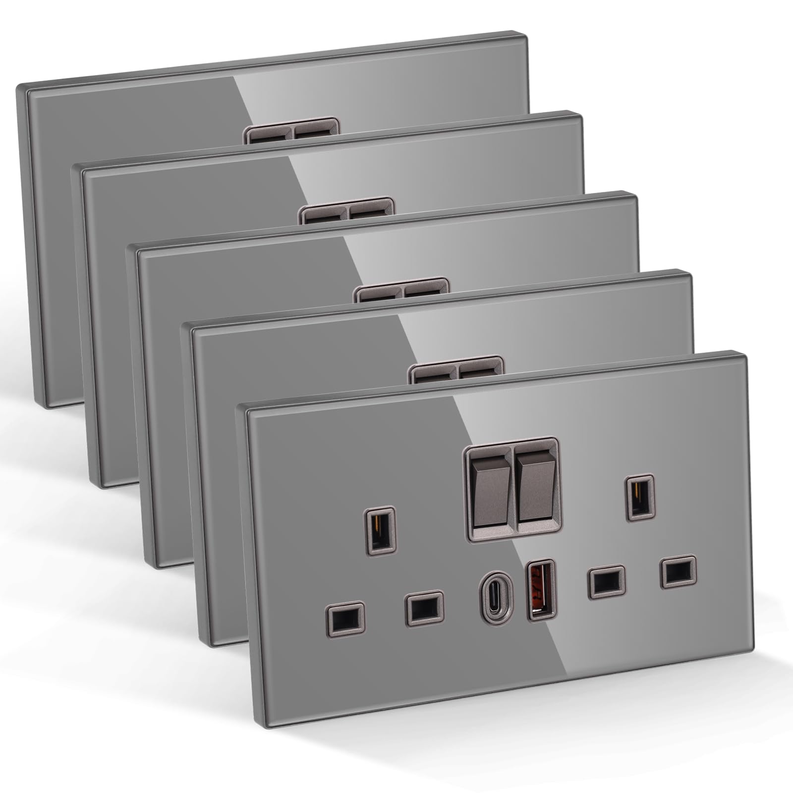 CNBINGO Double Switched Socket with 20W PD USB C and A Fast Charging Ports, Electric Power Sockets 2 Gang 13 Amp, Grey Tempered Glass Panel Wall Outlet, 5 Pack