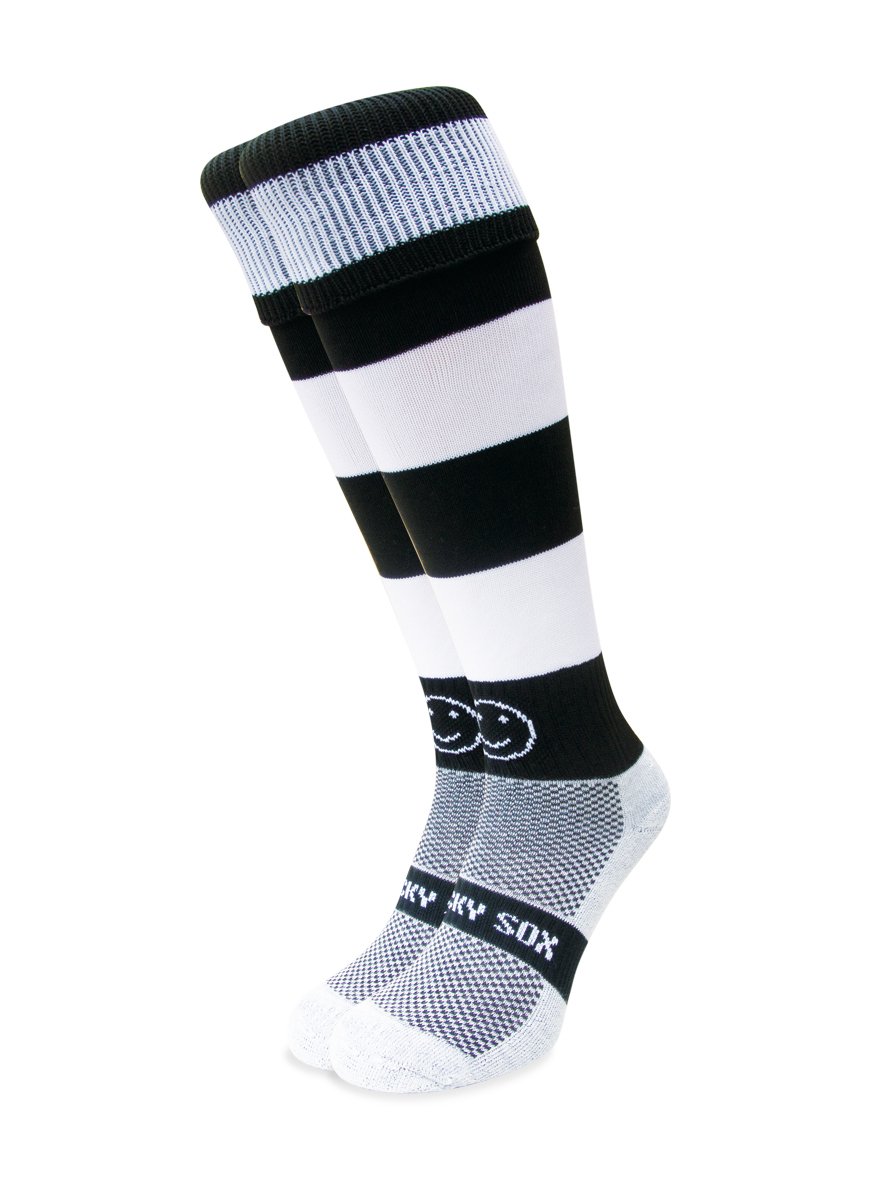 Black and White Hoops - High-Performance Breathable Knee-High Rugby and Hockey Socks - Single Pair
