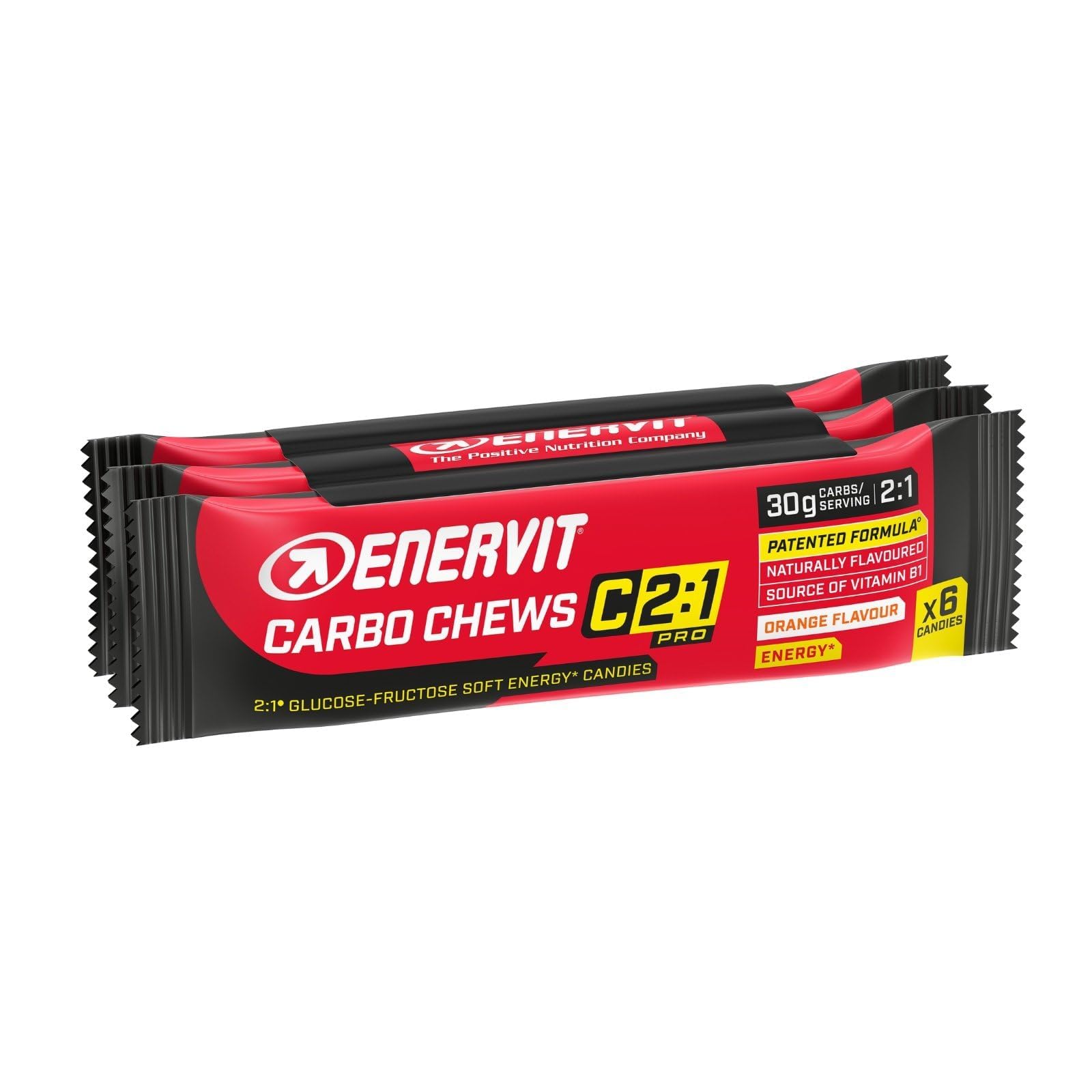 Enervit Carbo Chews C2:1PRO – Weiche Kaubonbons mit Maltodextrin, 30 g Kohlenhydraten, Orangengeschmack, für langanhaltende, intensive Ausdauereinheiten, Glutenfrei, 3 Packungen à 6 Bonbons