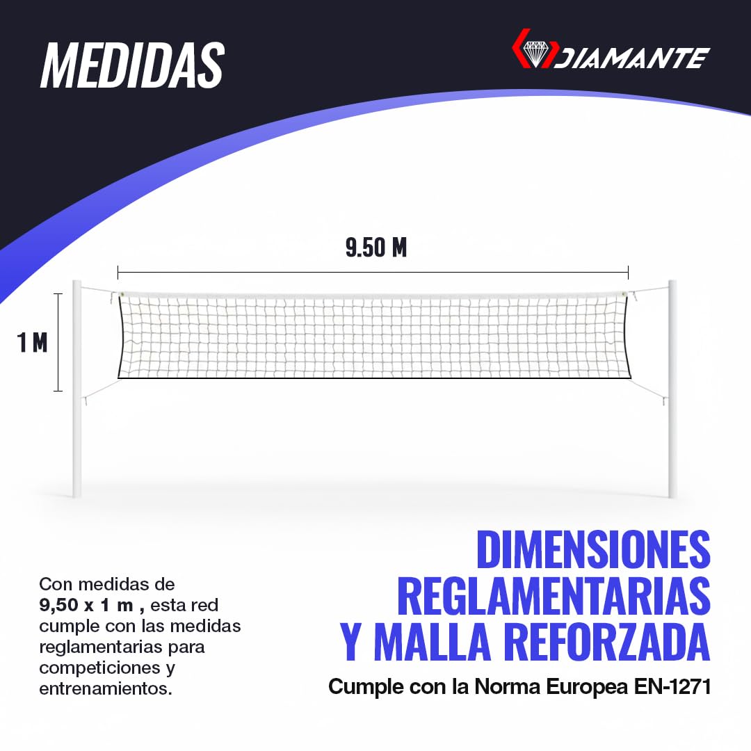 DIAMANTE Red de Voleibol Profesional – Red Voleibol Resistente de Polietileno con Cinta y Cable de Acero – Red Voley Portátil Ideal para Playa, Piscina o Entrenamiento