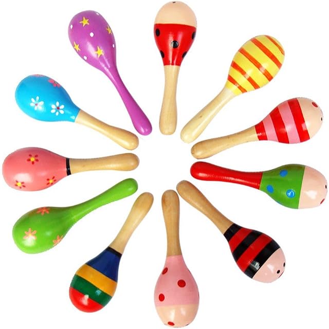 OULII Wooden Maracas Wooden Shakers Wooden Rattle Musical Educational Toys for Children Pack of 10(Random Color Pattern)