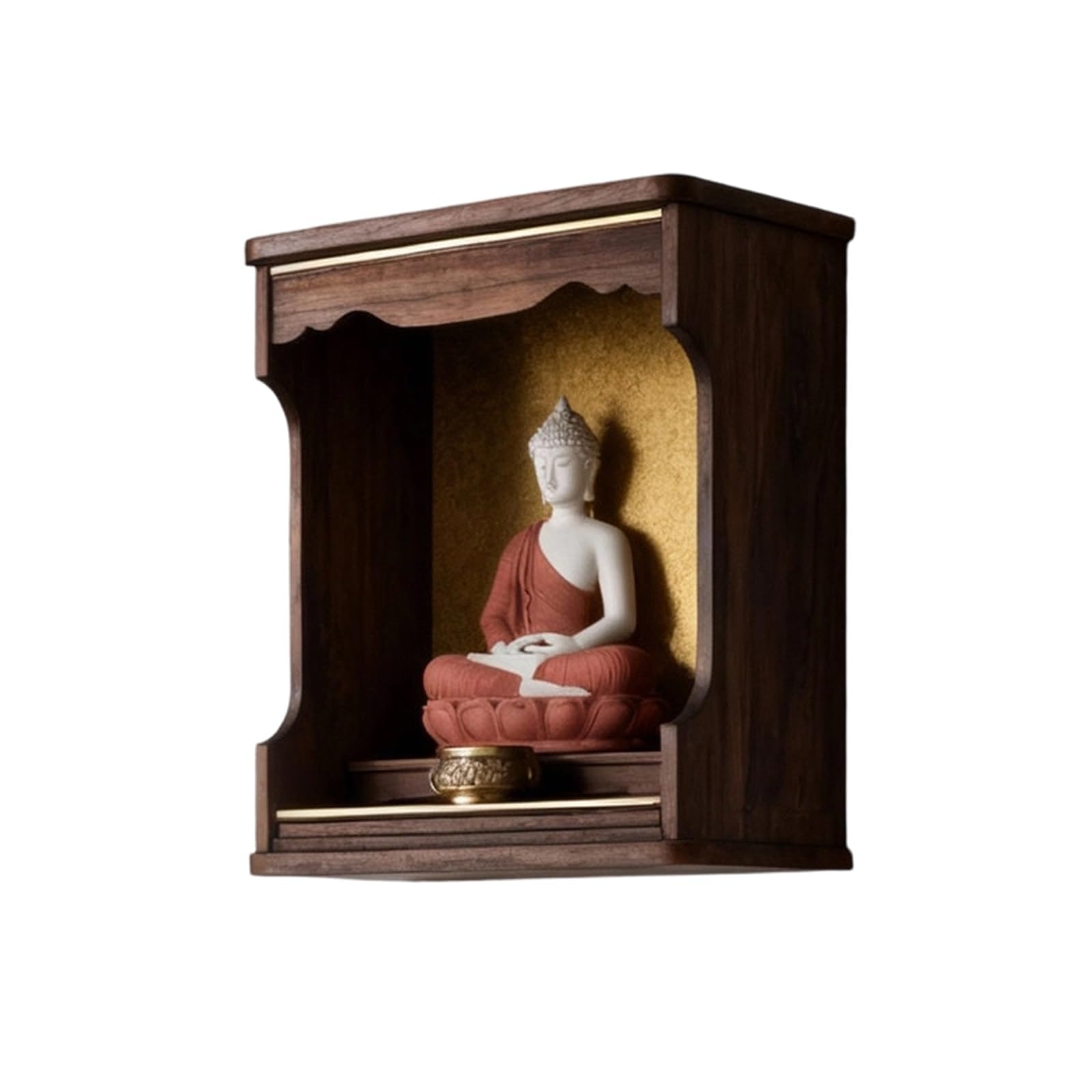 JNTFNE Buddhist Shrine Wall Mounted Altar Table, Solid Paulownia Wood for Buddha/Guanyin, Adjustable Base, Pull-Out Tray, Top Warm Light, Fully Assembled(Walnut,33cm/12.9in)