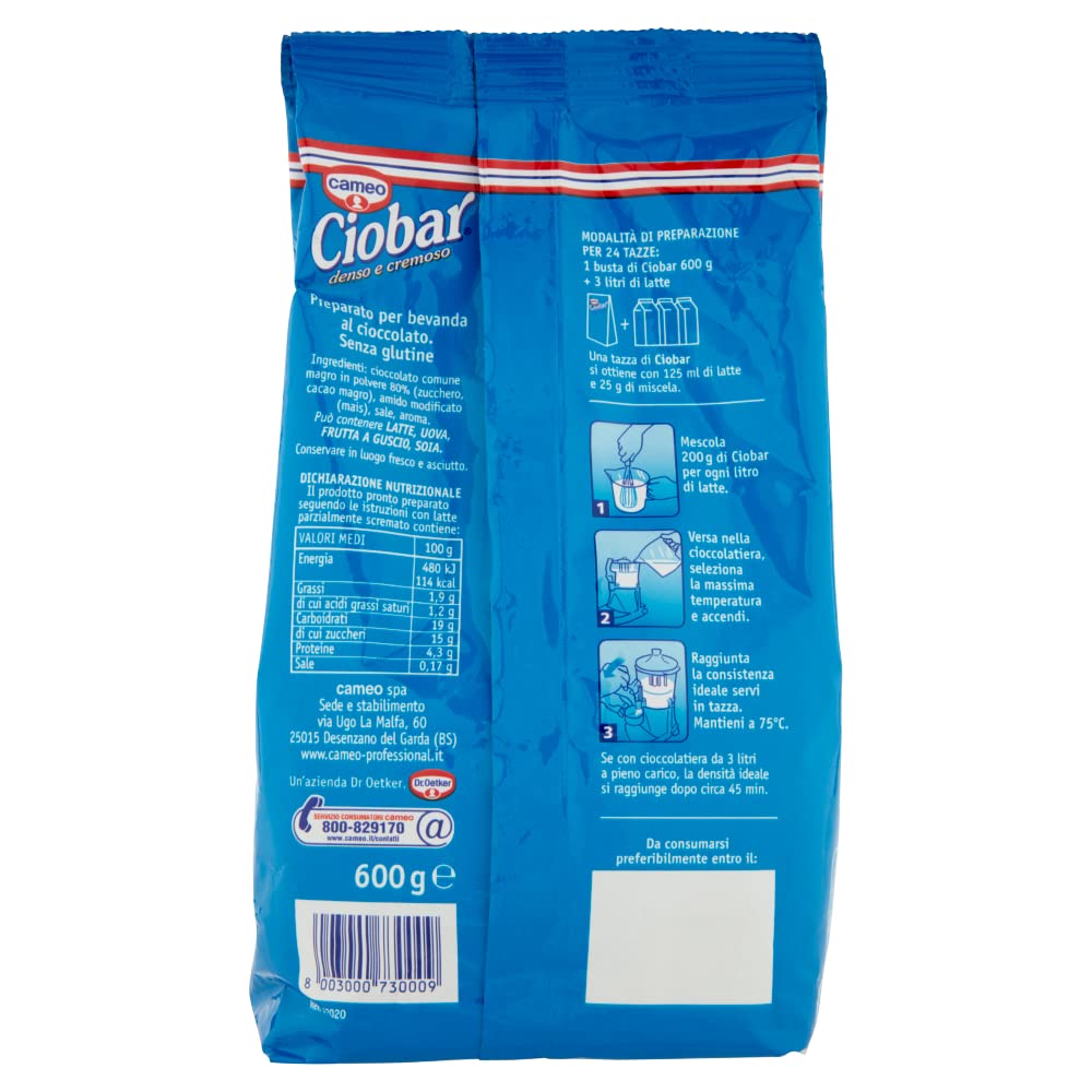 Professional Classico preparato per cioccolata calda Kakao denso 6 x 600g | Bevanda cremosa e vellutata; Getränkepulver für heiße Schokolade, 24 Tassen, glutenfrei, Gesamtnettogewicht 3,6 kg