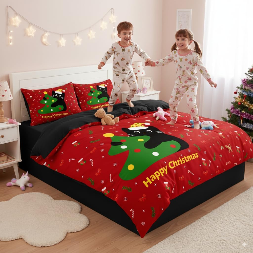 CCoutueChen Christmas Kids Comforter Set Twin Size, Black Cat Green Xmas Trees Bedding Set for Boys Teens Bedroom Decor, 2 Pcs Soft Microfiber Quilted Comforter with 1 Pillowcase, 68"x86"