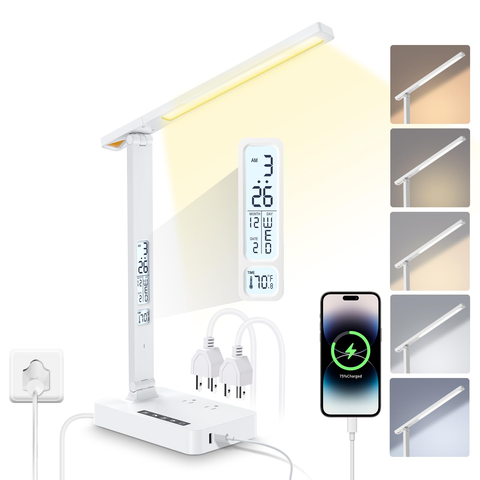 Power Strip with LED Desk Lamp, 2 Outlets 1 USB-A Ports 1 Type-C Ports, Small Desk Lamp with Surge Protection and Led Display, 5ft Extension Cord, 5