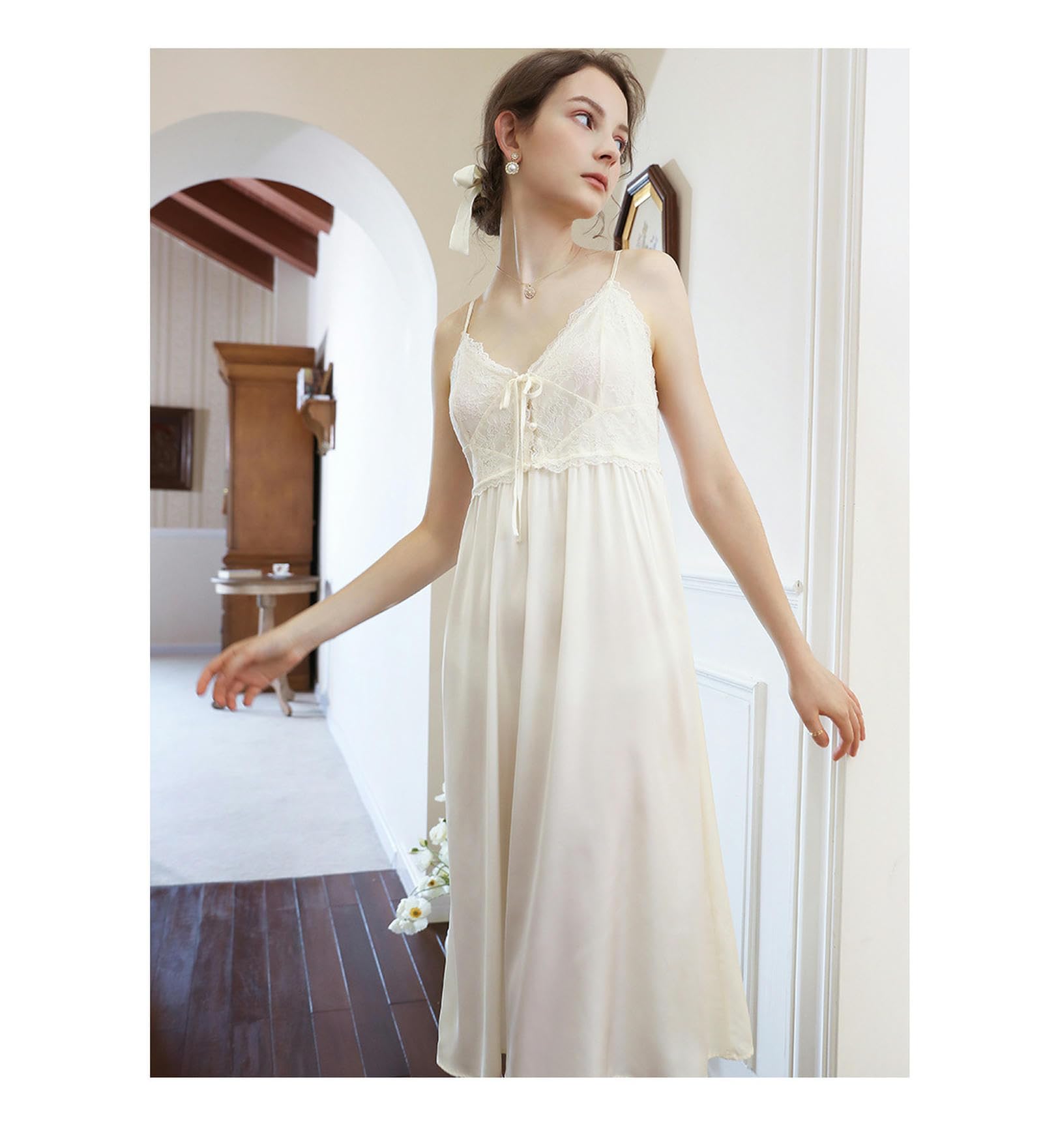 Camicia Notte Donna Nightdress A Due Pezzi Set Sottile in Pizzo di Alta Qualità per Pigiama da Notte Femmina Autunno A Maniche Lunghe-Blu-L