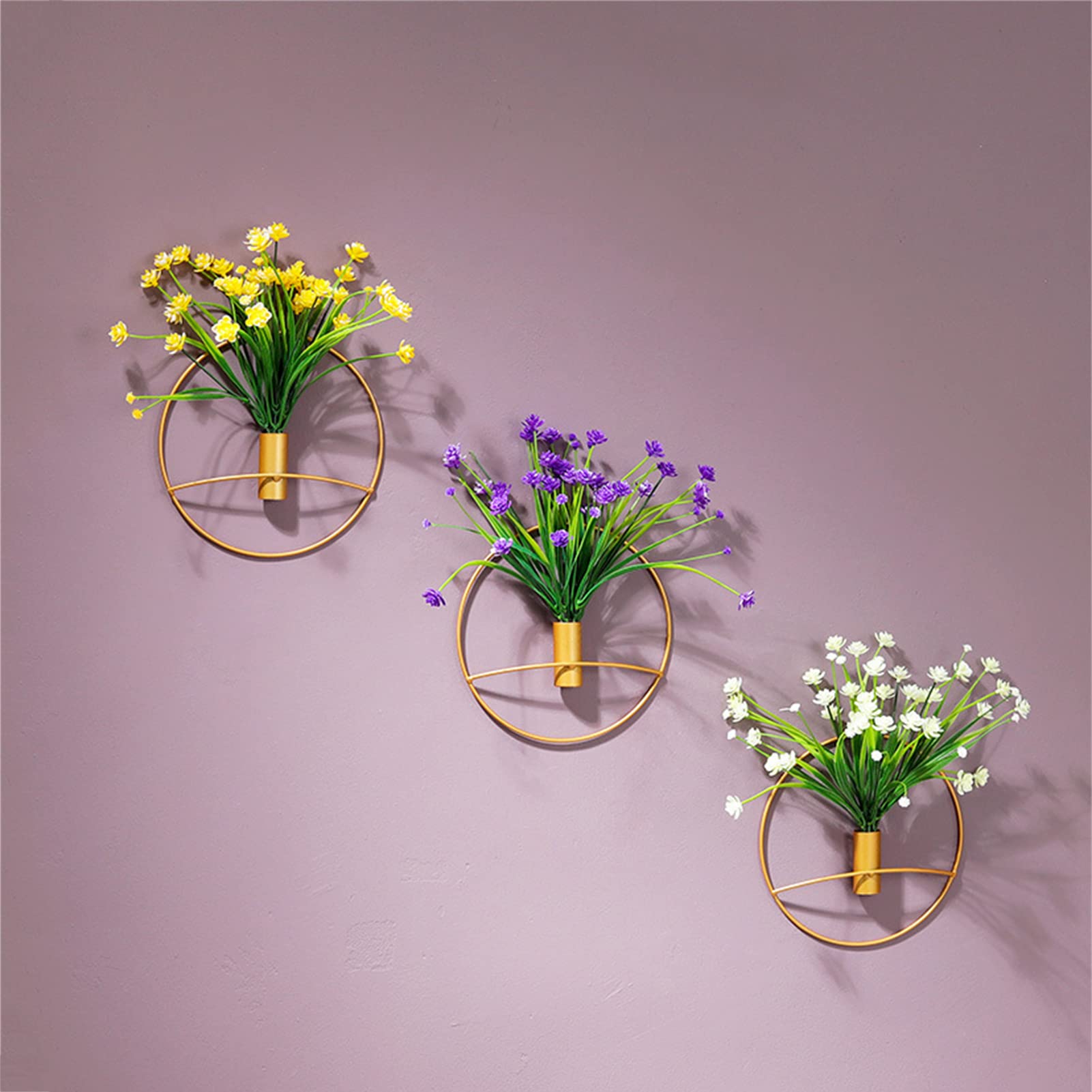 Set of 2 Wall Mounted Hanging Planters Modern Living Room, Bedroom, Dining Room Metal Gold Wall Decor Vase for Display Dried Flower Artificial Flower Fake Flowers (Round)