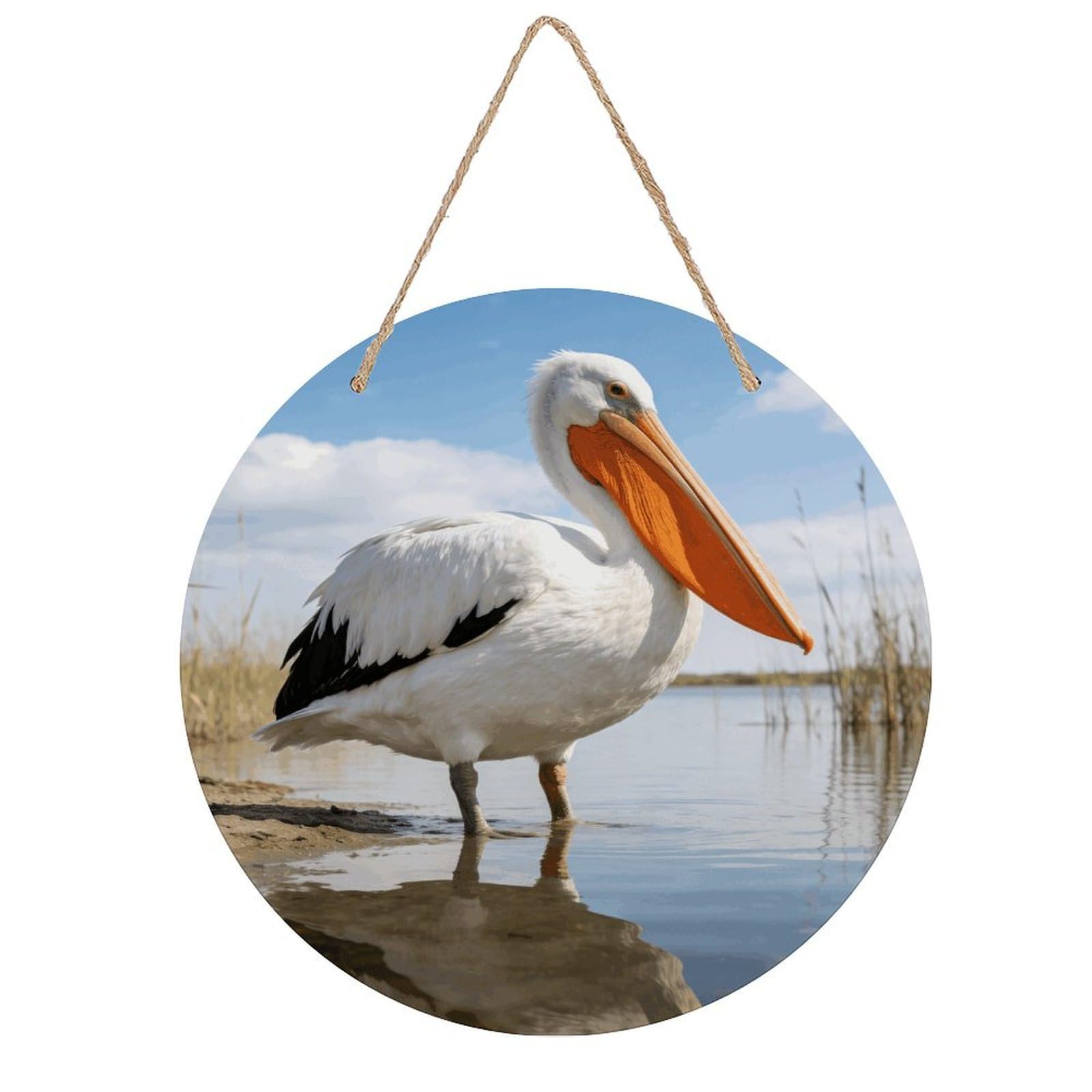 LZQPOEAS Pelican Round Wood Wall Art Painting, 7.9 Inch Circular Wooden Door Hanger Decorative Paintings, Rope-Hanging Wooden Wall Plaque for Home Decor And Office Party