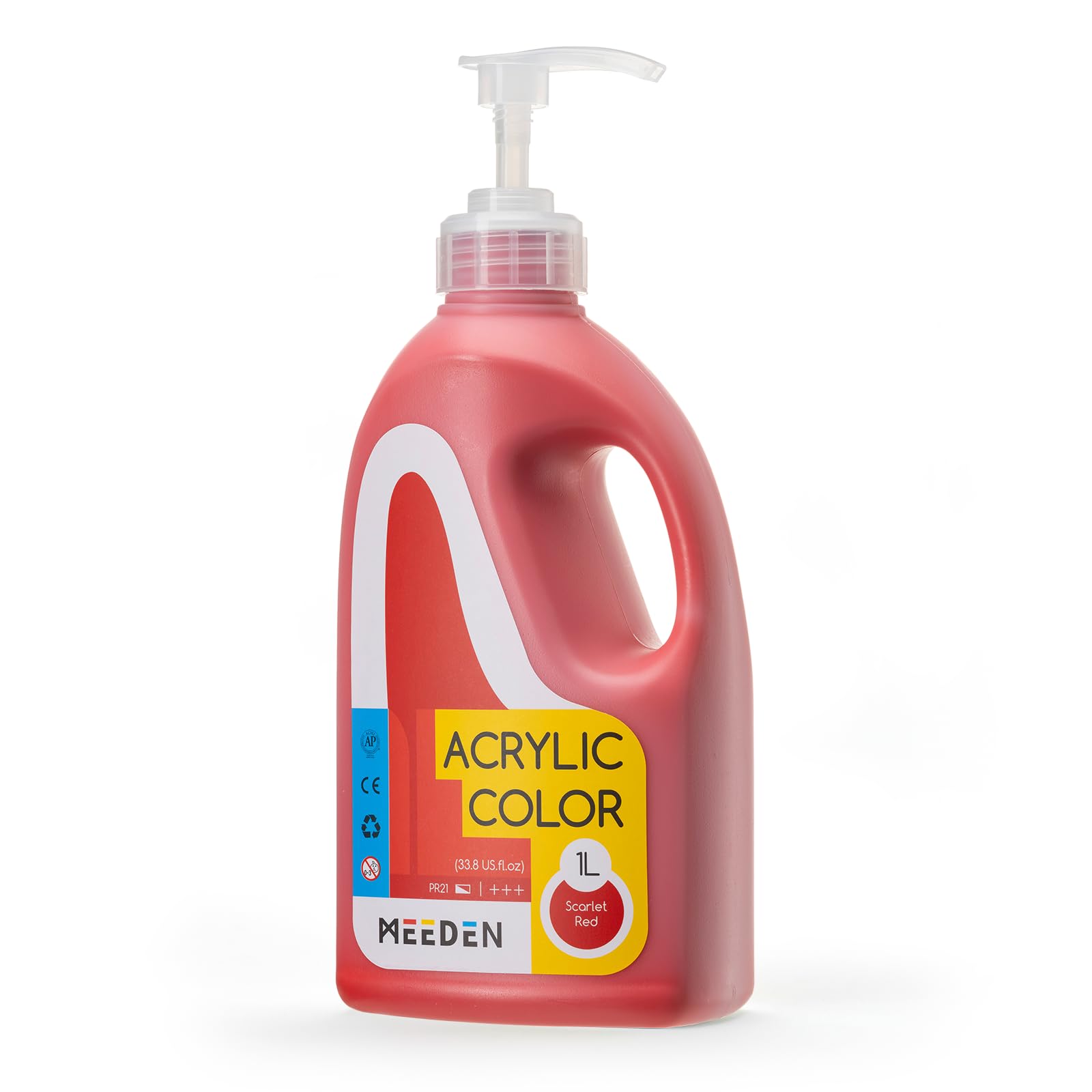 MEEDEN Scarlet Red Acrylic Paint: 1 L /33.8 oz Satin Liquid Paint with Pump Lid - Soft Body Art Paints for Canvas, Studio, School, Wall & Poured Paintings