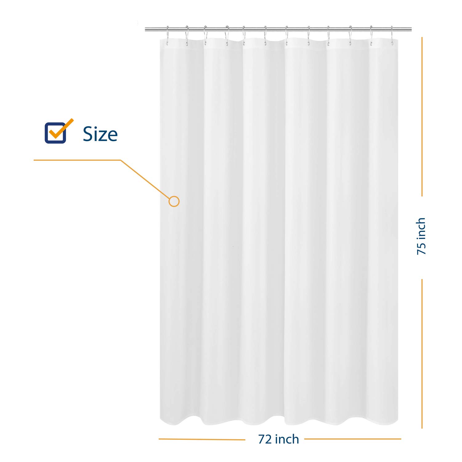 N&Y HOME Longer Shower Curtain Liner Fabric 72 x 75 inches, Hotel Quality, Washable, White Spa Bathroom Curtains with Grommets, 72x75 - Image 2
