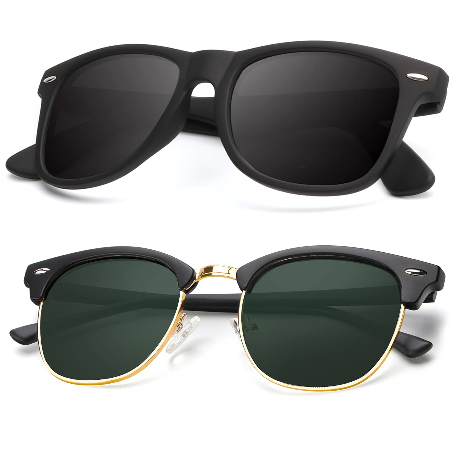 KALIYADI Polarized Sunglasses for Men and Women Semi-Rimless Frame Driving Sun glasses UV Blocking B08-(2 Pack) Matte Black | G15 | Golden Rim / Matte Black Multicoloured