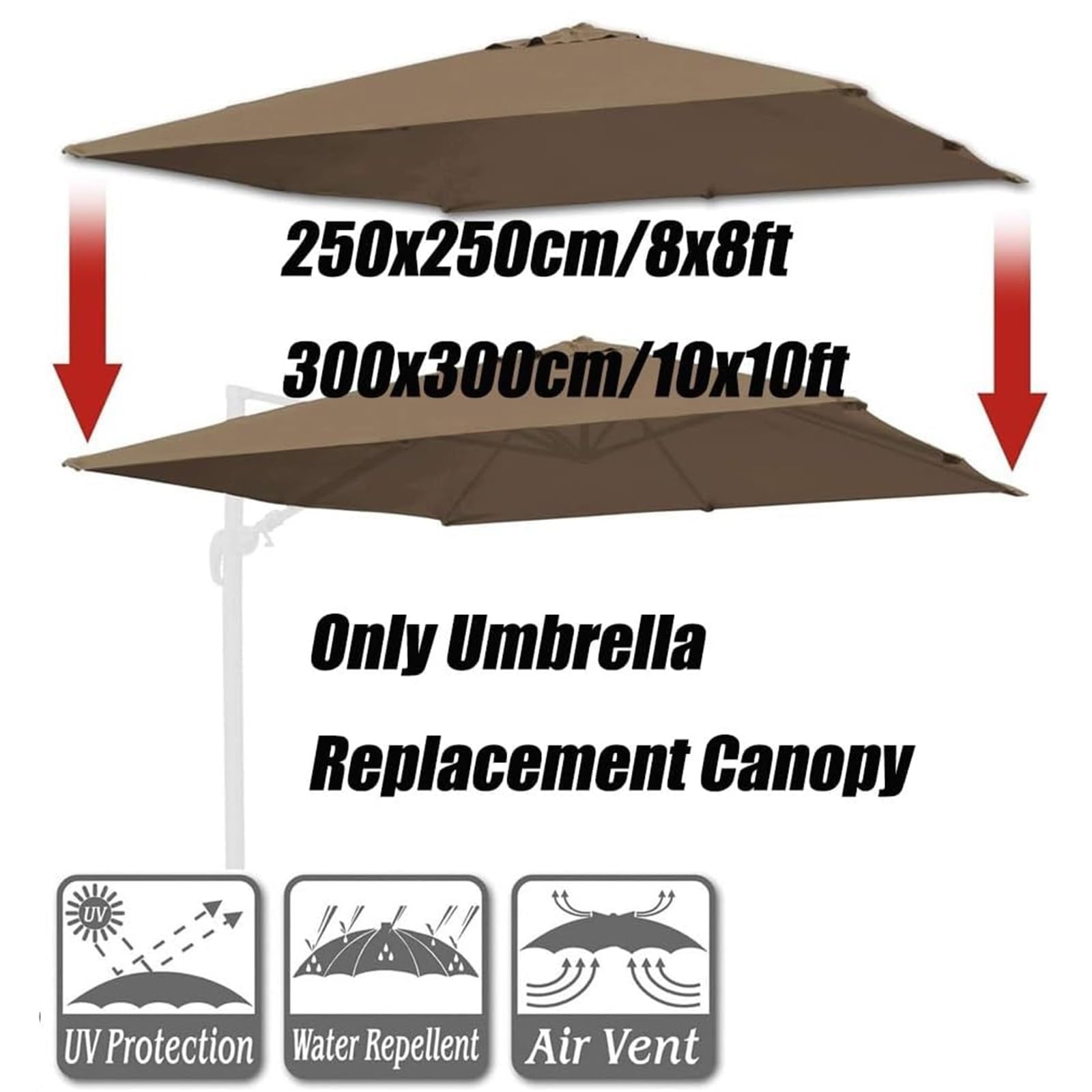 Cubierta de repuesto para sombrilla cuadrada de 3 m y 2,5 m, resistente a los rayos UV, para jardín, piscina, mercado, tela verde (250 x 250 cm)