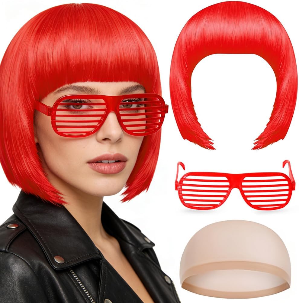 – Short Bob Wig for Women 4Pack Short Red Bob Wigs Set With Heart Sunglasses and Hair Cap,Neon Fancy Dress Accessory Cosplay With Bangs, Synthetic Straight for Daily Halloween Party