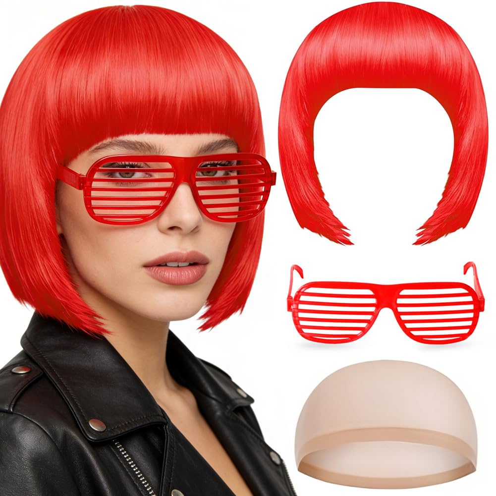 – Short Bob Wig for Women 4Pack Short Red Bob Wigs Set With Heart Sunglasses and Hair Cap,Neon Fancy Dress Accessory Cosplay With Bangs, Synthetic Straight for Daily Halloween Party