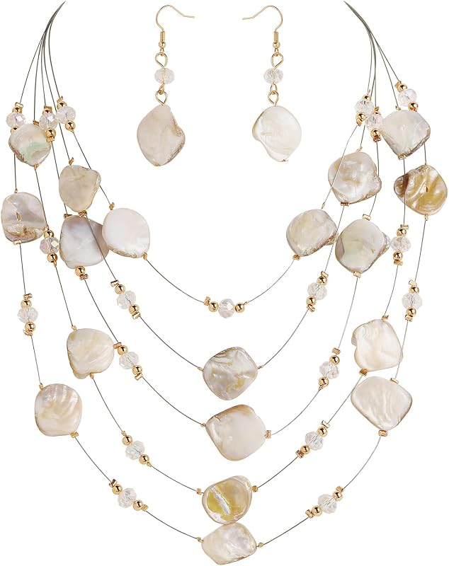 Coiris Natural Seashell Choker Necklaces Earrings Jewelry Set for Women Starfish Shell Freshwater Pearl Collar Necklaces for Women Irregular Mother of Pearl Jewelry Set