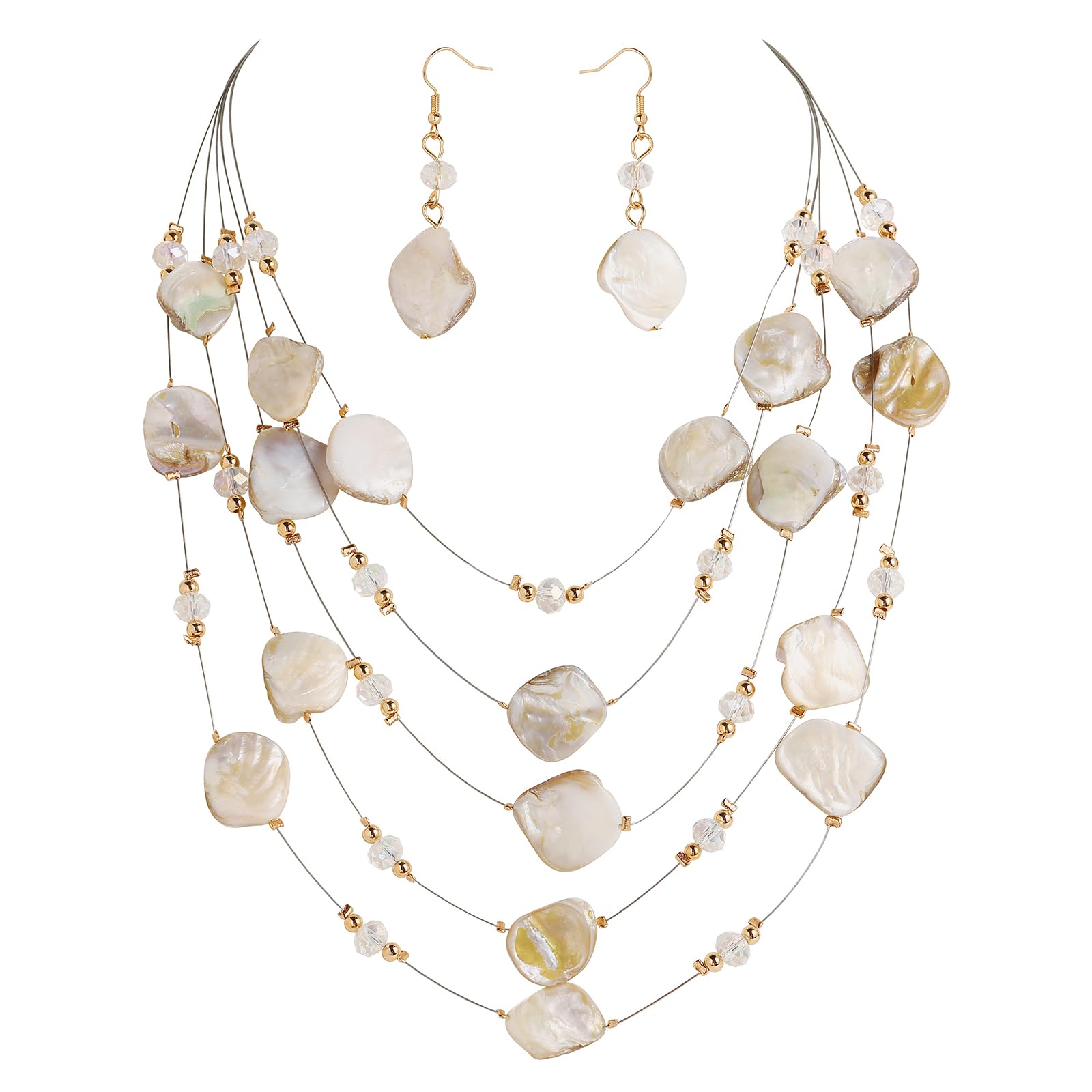 Coiris Natural Seashell Choker Necklaces Earrings Jewelry Set for Women Starfish Shell Freshwater Pearl Collar Necklaces for Women Irregular Mother of Pearl Jewelry Set