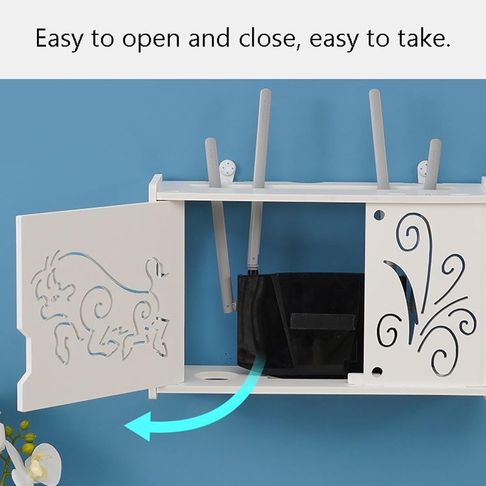 Wand Router Aufbewahrungsbox,Weiß WLAN Box Router Regal,WiFi Router Storage Box,Holz-Kunststoff-Plattenmaterial,Design im Türstil,mehrere hohle Kabelöffnungen,geeignet für den Heimgebrauch