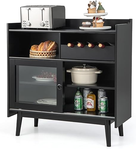 Giantex Aparador de bufé, moderno armario de almacenamiento de barra de café con 2 puertas correderas de vidrio templado, estante de vino de 4