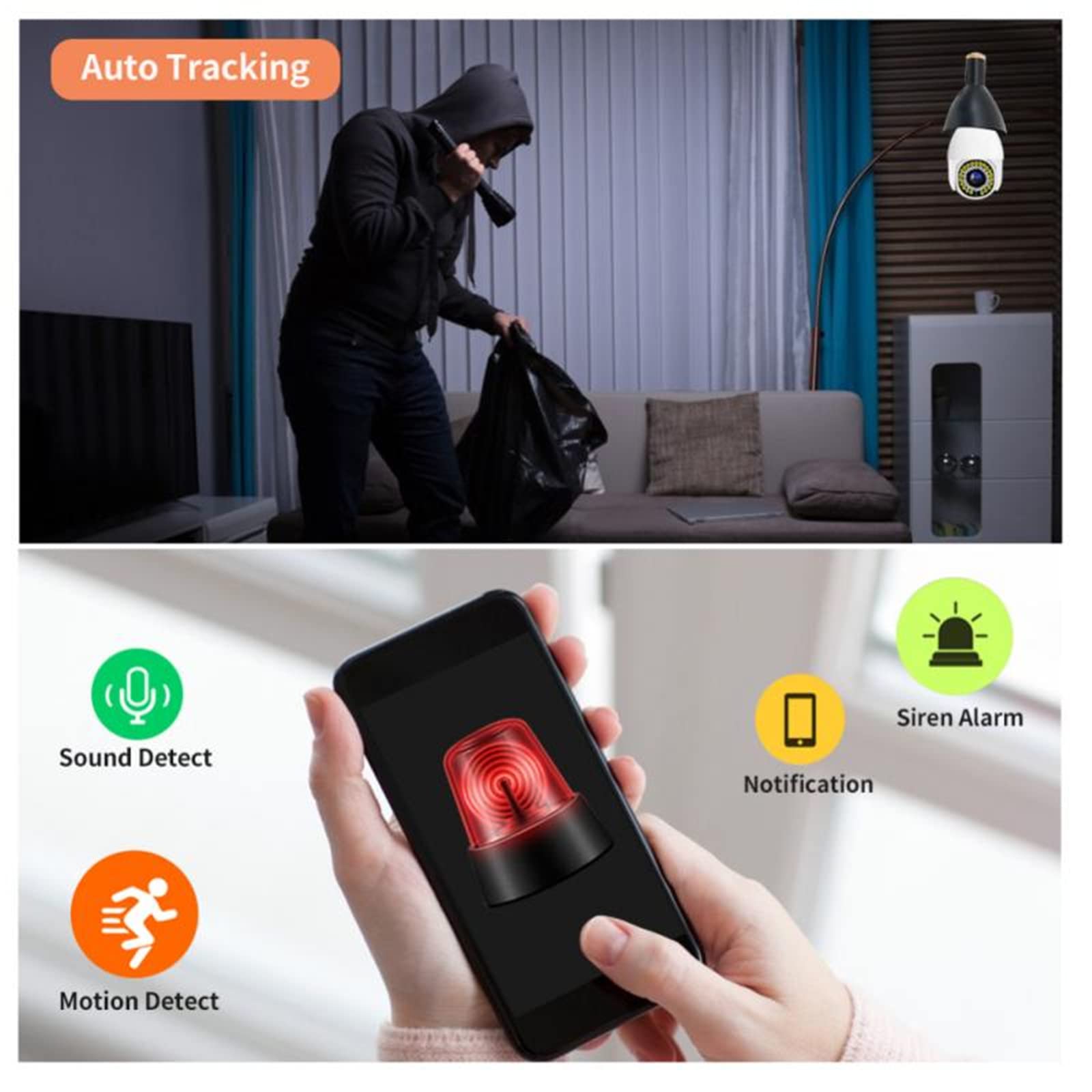 JJCC Cámara de seguridad con bombilla inteligente, 1080P WiFi PTZ cámara luz LED E27 bombilla Socket Power Color visión nocturna IP vigilancia auto seguimiento para uso en interiores y exteriores