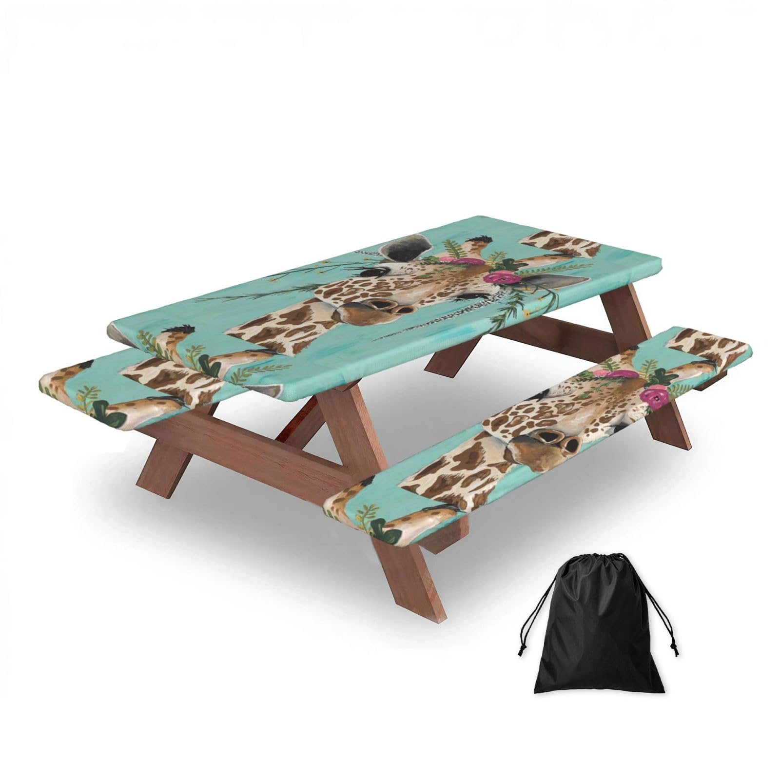 Dopklna As Picture Giraffe With Floral, Picnic Table Cover With Bench Covers -Waterproof Elastic Fitted Tablecloth For Garden Camping Patio 76X152cm