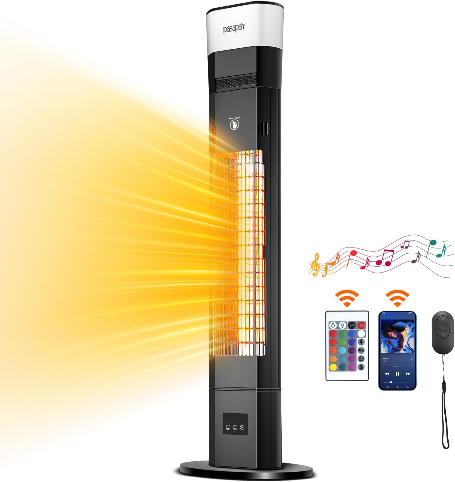 Pasapair Electric Patio Heater with Bluetooth Speaker and Light - 1500W Outdoor Heater Fast Heating with 5 Power Setting - Standing Infrared Heater Quiet and Odorless - IP55 Waterproof and 24H Timer