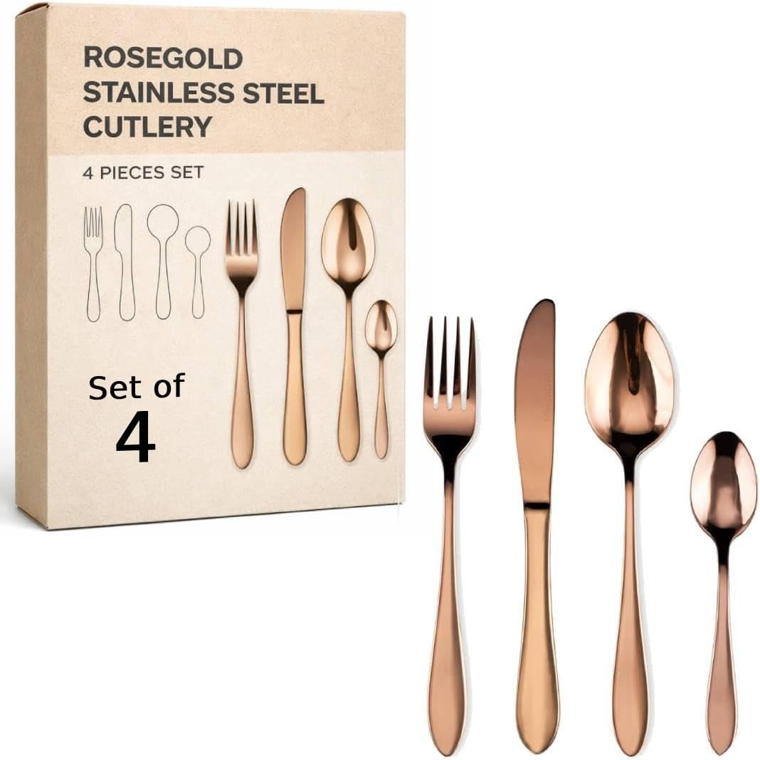 Mirror Finish Rose Gold Plated Stainless Steel Flatware Set Copper Silverware Set Rose Gold Spoon Color Cutlery Set [Dinner Fork-Tea Spoon-Salad Spoon-Knife] Set of (Set of 4)