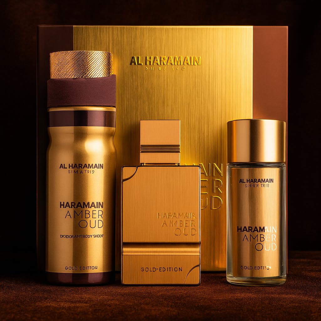 Al Haramain Amber Oud Gold Edition 3 Pc Gift Set for Unisex - Luxury Cologne & Perfume for Men & Women - 2.5 oz EDP Spray, 1 oz EDP Spray, 6.6 oz Body Spray - Arabian & Arabic Long Lasting Fragrance
