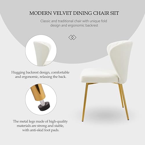 Miniatura 4 de Kiztir Juego de 4 sillas de comedor de terciopelo blanco, sillas de comedor modernas con patas de metal dorado, sillas de comedor tapizadas para