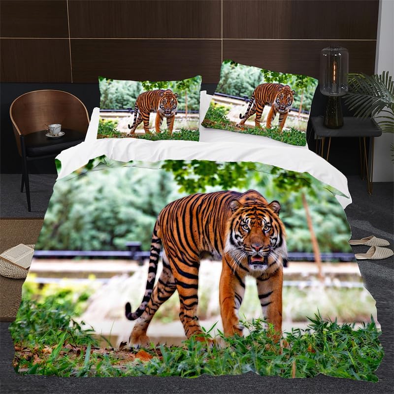 Grass Green Tiger Duvet Cover Full Animal Print Bedding Sets Full Soft Microfiber Comforter Cover and 2 Pillow Shams 20"X26", Bed Set Duvet Covers