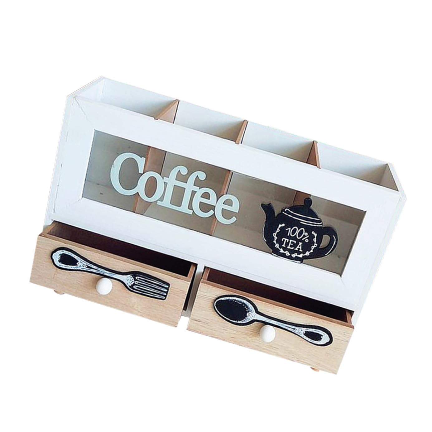 Angoily Zweilagige Kaffeebox mit Schublade und Sichtfenster Retro Aufbewahrungsbox für Geschirr Desktop Organizer für Tee und Kaffee Zubehör Weiß