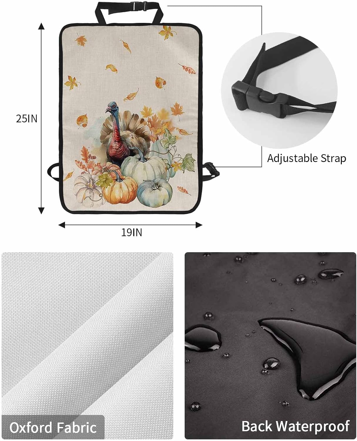 T&H XHome Car Seat Protector, 2 Pack Kick Mats Back Seat Protector Thanksgiving Watercolor Turkey with Pumpkins Beige Waterproof Backseat Cover for Kids Universal Fit Automotive Interior Protectors