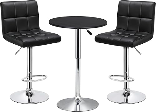 Miniatura 9 de Yaheetech Juego de mesa de bar de 3 piezas, mesa de bar redonda y sillas giratorias ajustables de piel sintética, moderno juego de mesa de altura de