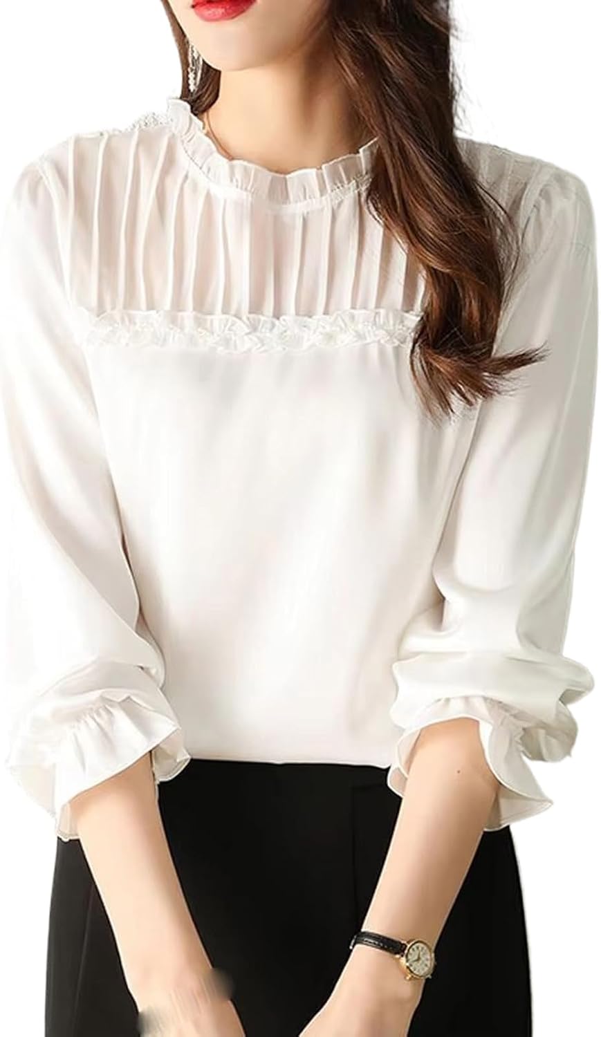 Women's Elegant Long Sleeve Chiffon Shirt Blouse Summer Autumn Folds Casual Sweet Top