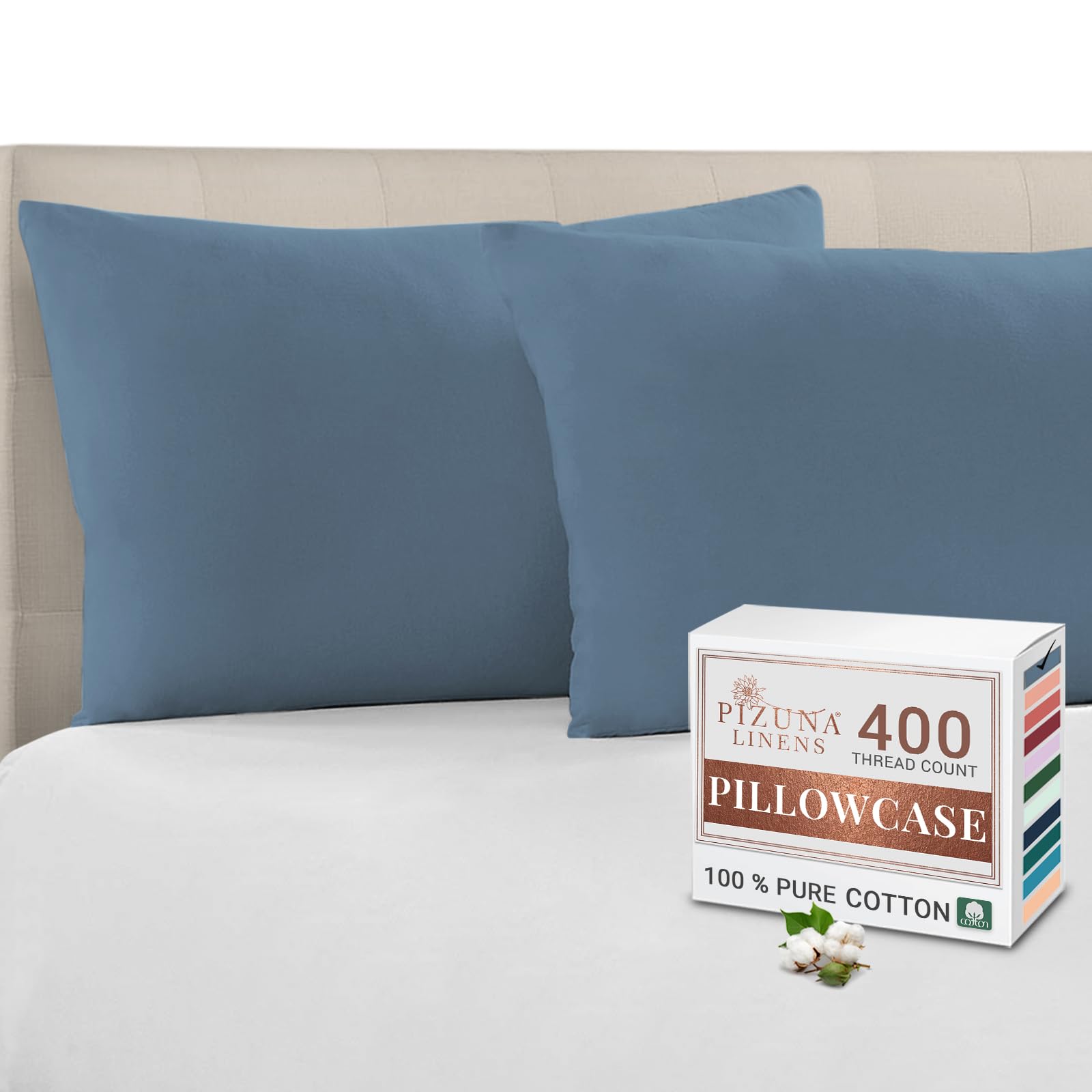 Pizuna Dusty Blue 100% Cotton Housewife Pillowcases 2 Pack 48X74cm, 400 Thread Count Long Staple Combed Cotton Pillow Cover, Sateen Weave Standard Housewife Pillowcase (Cotton Pillowcase Pack Of 2)
