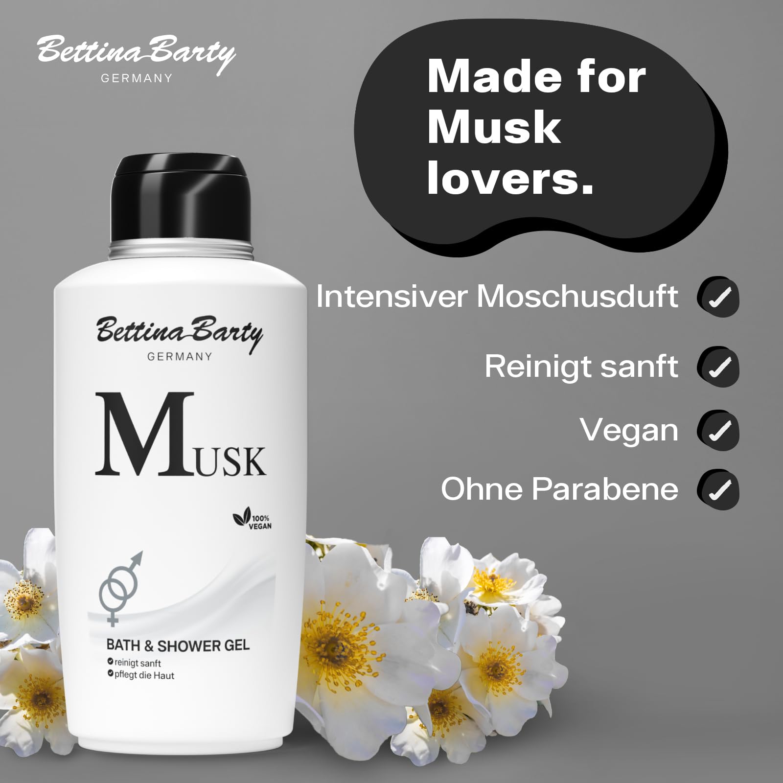 Bettina Barty Musk Bath & Shower Gel 12 x 500 ml – Duschgel mit sinnlichem Moschusduft – Feuchtigkeitsspendende Pflege für alle Hauttypen
