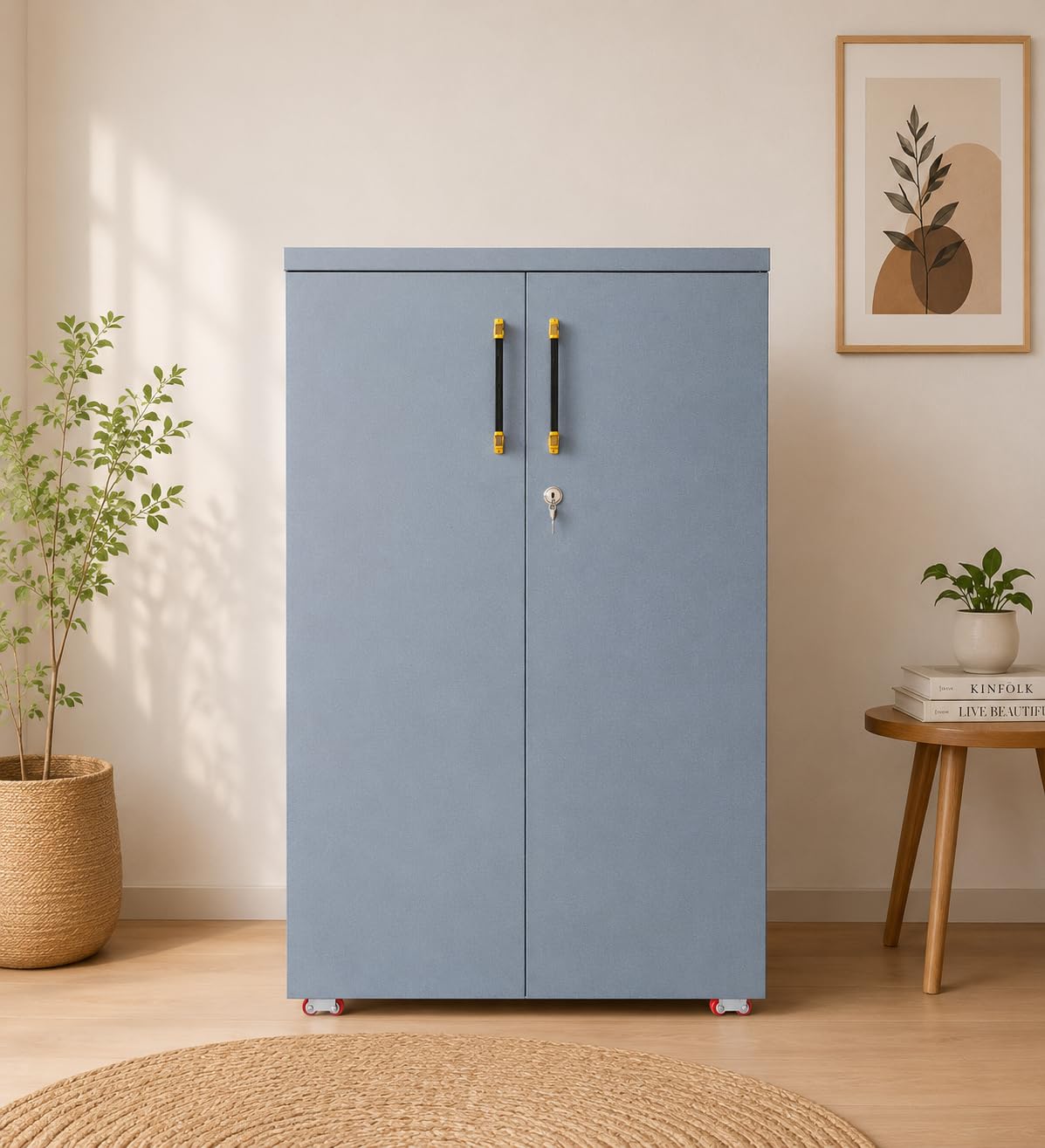 Crown Craft Green Marble Storage Cabinet | 2 Door Wooden Wardrobe with Lock & Wheels | Scratch-Resistant Almirah for Bedroom, Living Room & Office (Blue-Grey)-image-35