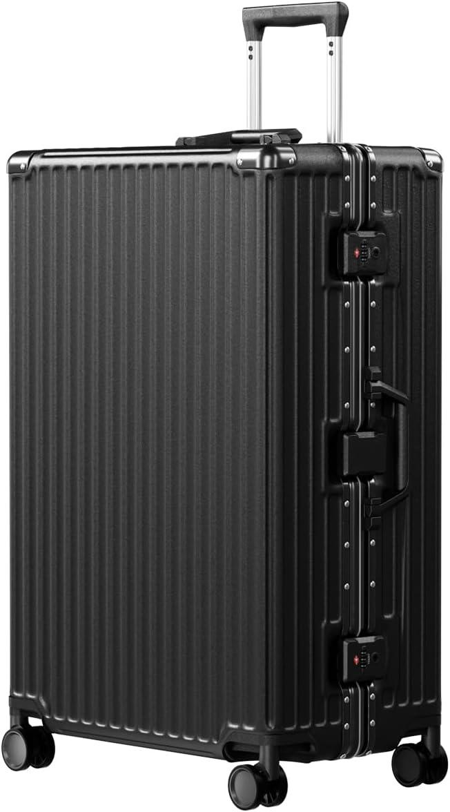 Equipaje PC+ABS marco de aluminio equipaje a cuadros sin cremallera maleta dura con cerradura TSA ruedas giratorias dobles 28 pulgadas negro