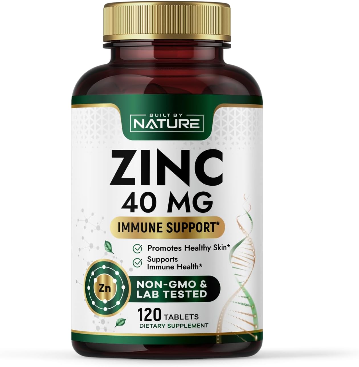Built By Nature Zinc 40 mg – High-Potency Immune Support & Antioxidant Supplement – Promotes Skin Health & Wound Healing – Zinc Gluconate – Non-GMO, Gluten Free – 120 Tablets