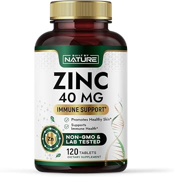 Built By Nature Zinc 40 mg High-Potency Immune Support & Antioxidant Supplement Promotes Skin Health & Wound Healing Zinc Gluconate Non-GMO, Gluten Free 120 Tablets