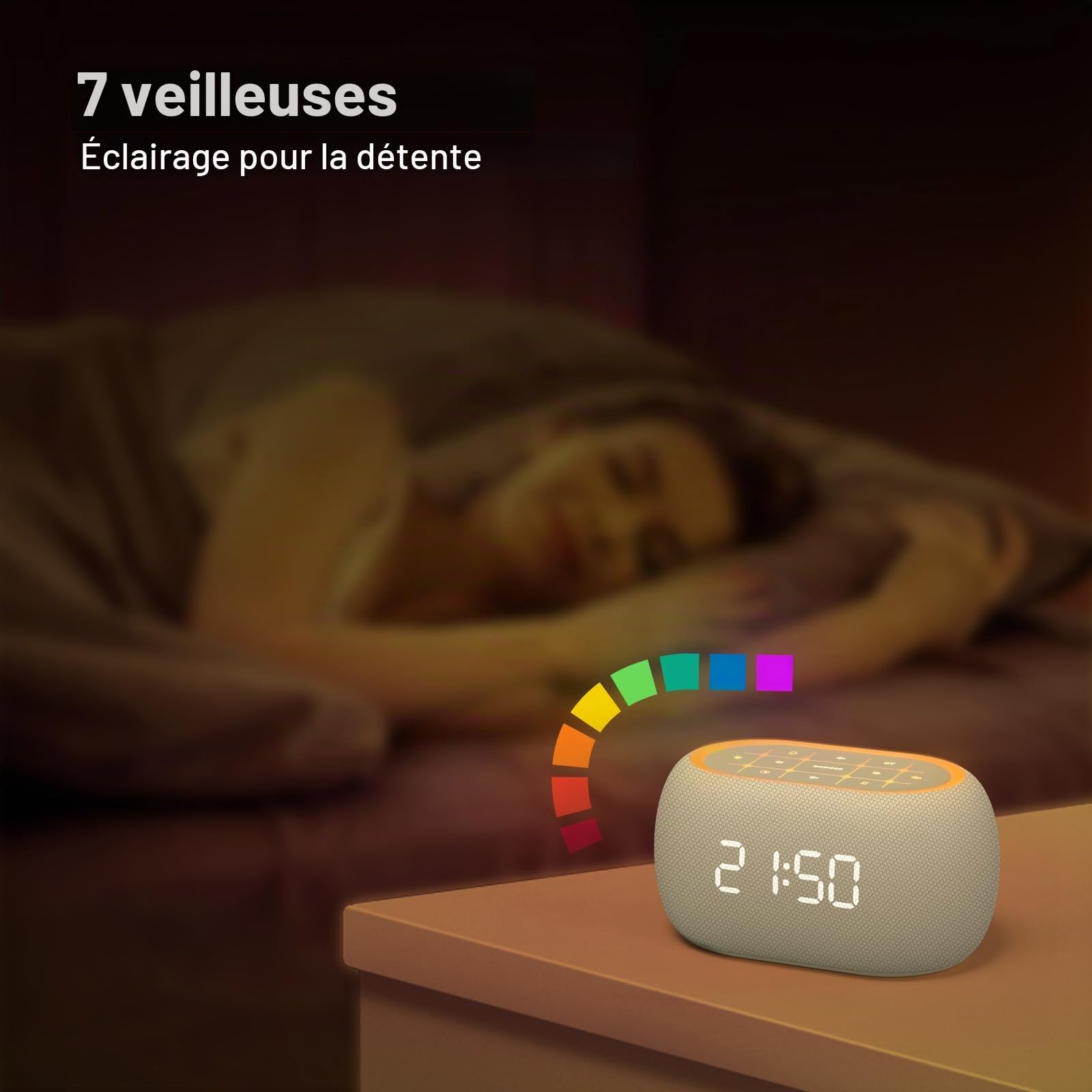 ANJANK Radio-réveil numérique 4 en 1 avec haut-parleur Bluetooth, réveil avec veilleuse 7 couleurs, radio FM, écran à intensité variable en continu de 0 à 100 %, 8 sons d'alarme, horloge numérique