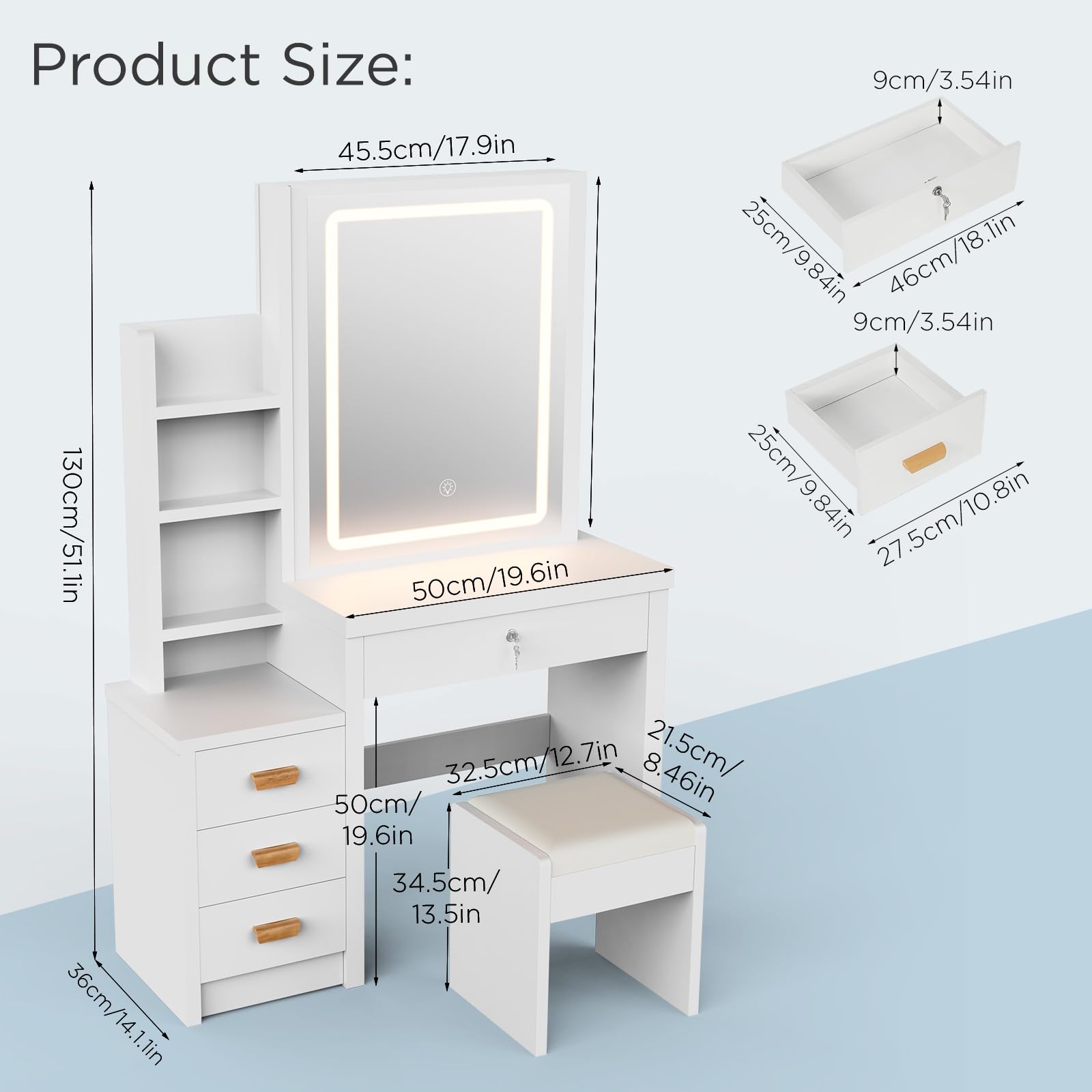 Schminktisch Weiß, Kosmetiktisch mit Spiegel & Hocker, Frisierkommode mit LED-Beleuchtung Set, Frisiertisch mit 4 Schubladen, Schlafzimmermöbel Vanity Set, 135 * 80 * 36cm
