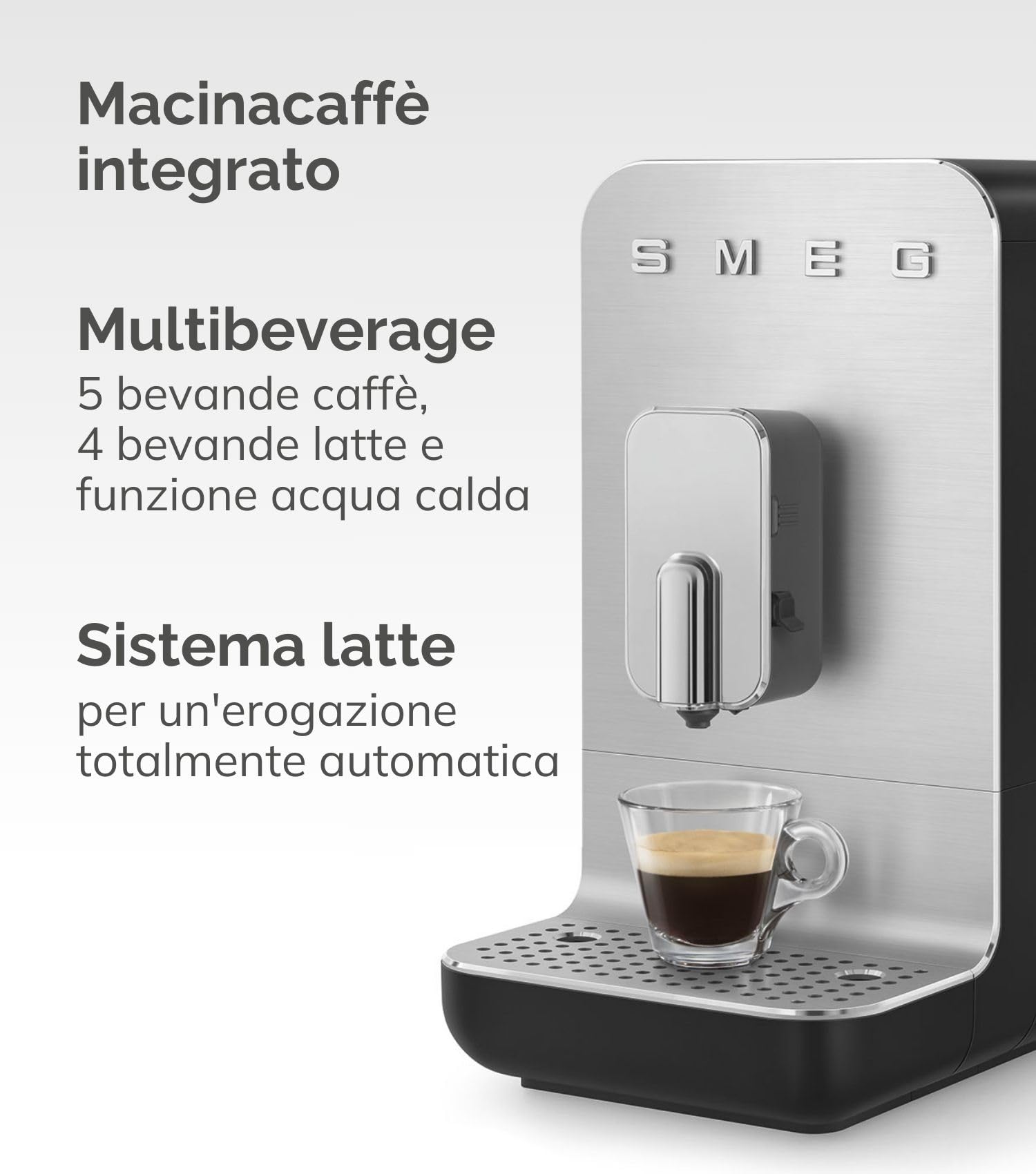 Smeg, Macchina da Caffè Espresso Automatica BCC13WHMEU, Sistema Latte, Macinacaffè Integrato, Sistema Thermoblock, 1,4 L, Cassetto Raccogligocce Rimovibile, Dimensioni Compatte, 1350W, Bianco