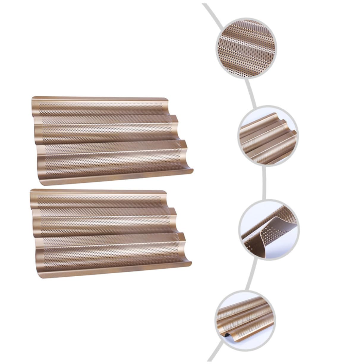 2 pièces Moule à Baguette Antiadhésif Acier Doré Plateau Perforé Rainures pour Cuisson Maison et Professionnelle