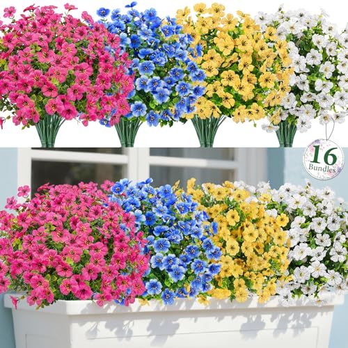 Image of Bassion 16 Bundles Artificial Flowers for Outdoors Fake Flowers, Colorful